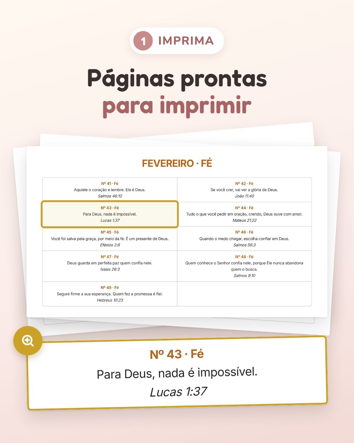 Página de fevereiro do Pote de Promessas pronta para imprimir, com a mensagem Nº 43 ampliada: Para Deus, nada é impossível (Lucas 1:37)